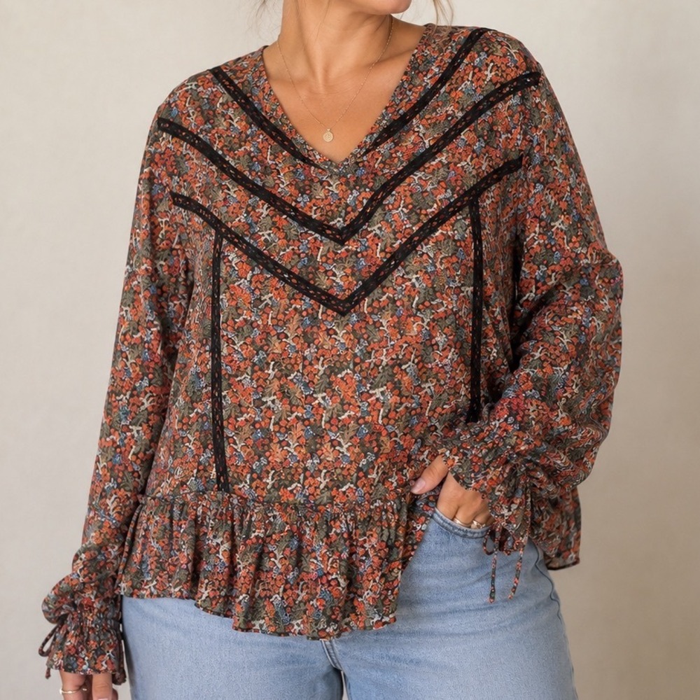 Matilda Jane XXL Floral Lace Boho Peplum Blouse Cottagecore Romantic Women